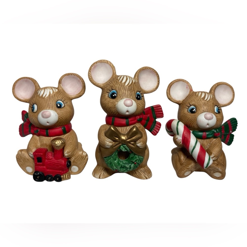 Lot - 3 VTG Homco Porcelain Christmas Mice Figures 3.25-4” Holiday Decor 5210